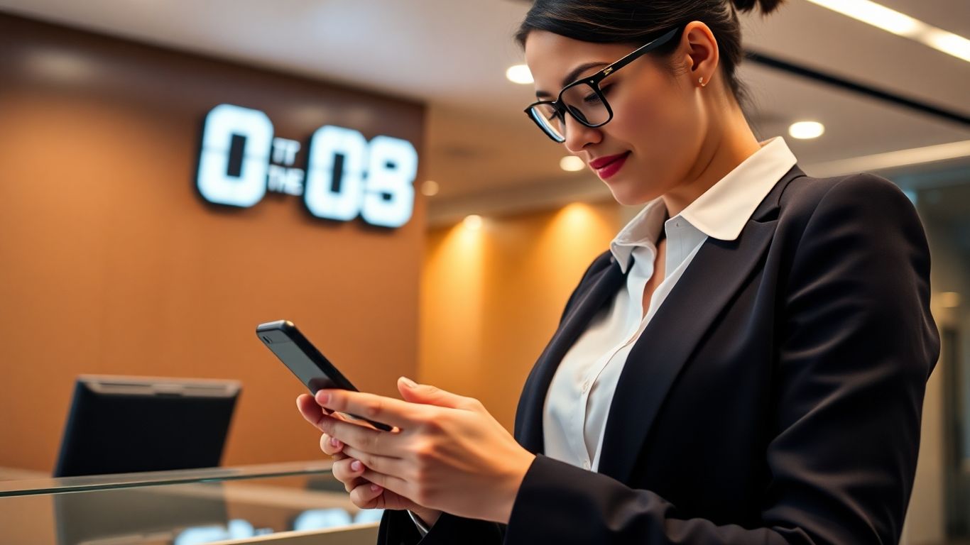 Business professional using smartphone in sleek office setting