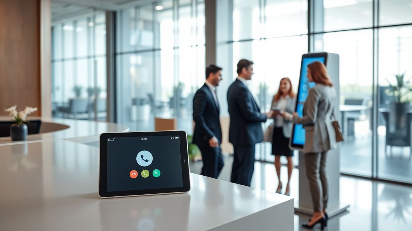 Receptionist desk with tablet and businesspeople using technology