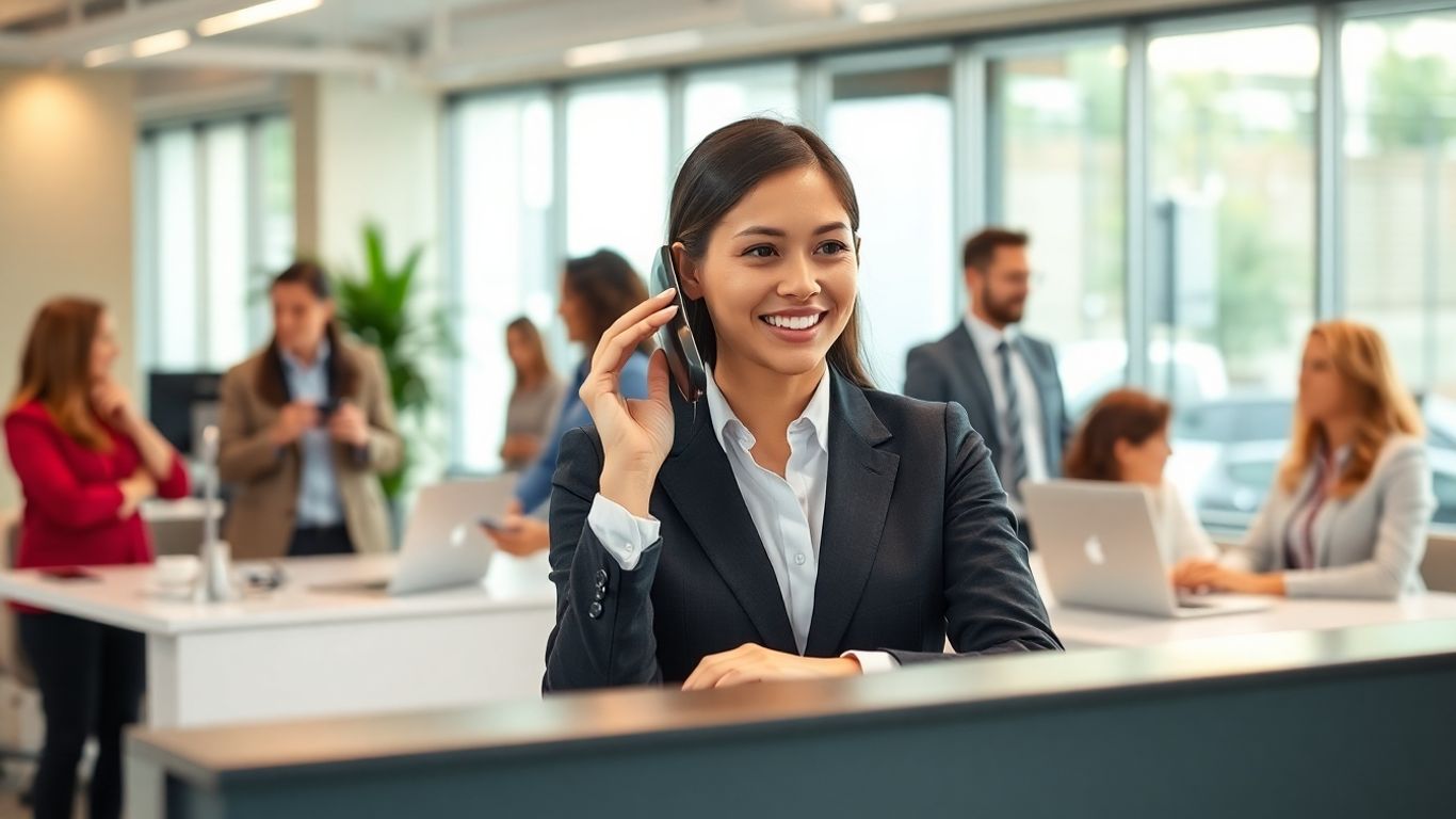 Bilingual receptionist assisting clients in a busy modern office.