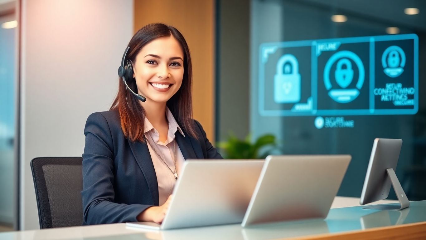Professional receptionist with headset in secure, modern office setting