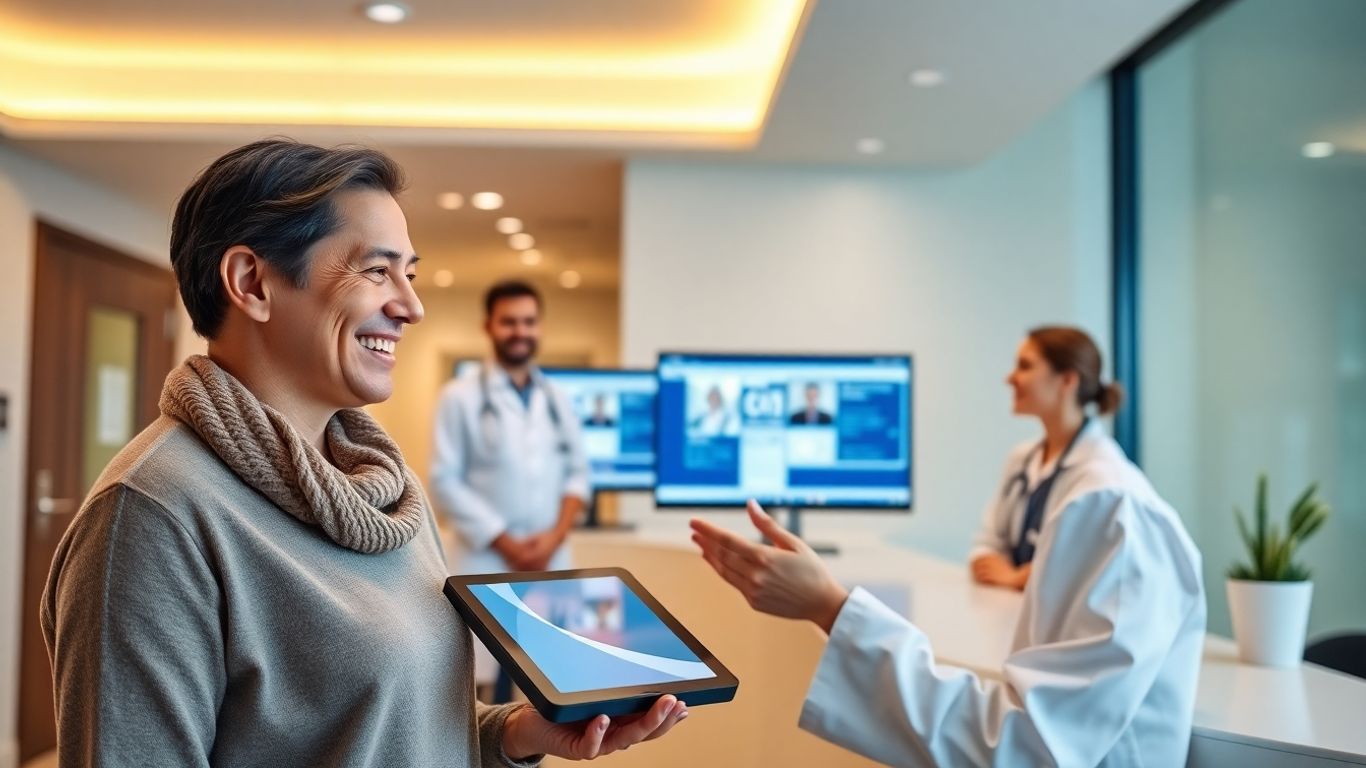 Patient using virtual receptionist touchscreen at modern medical office.