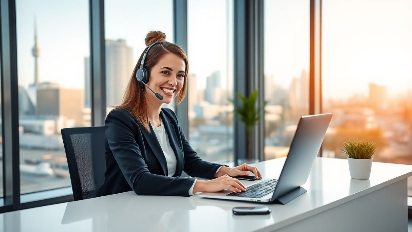 Receptionist with headset answering phone in modern Perth office