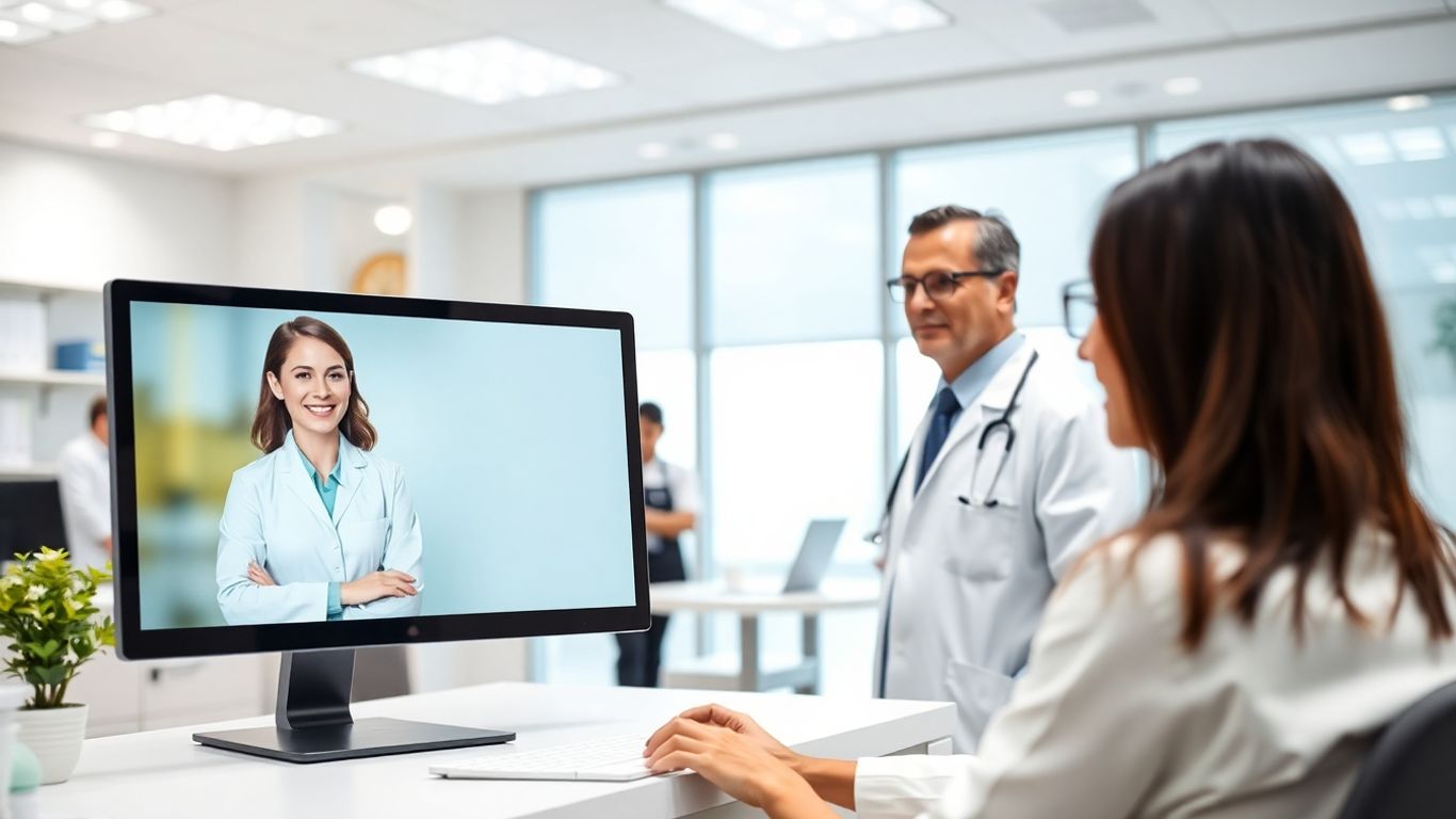 Virtual receptionist displayed in a modern, efficient medical office.