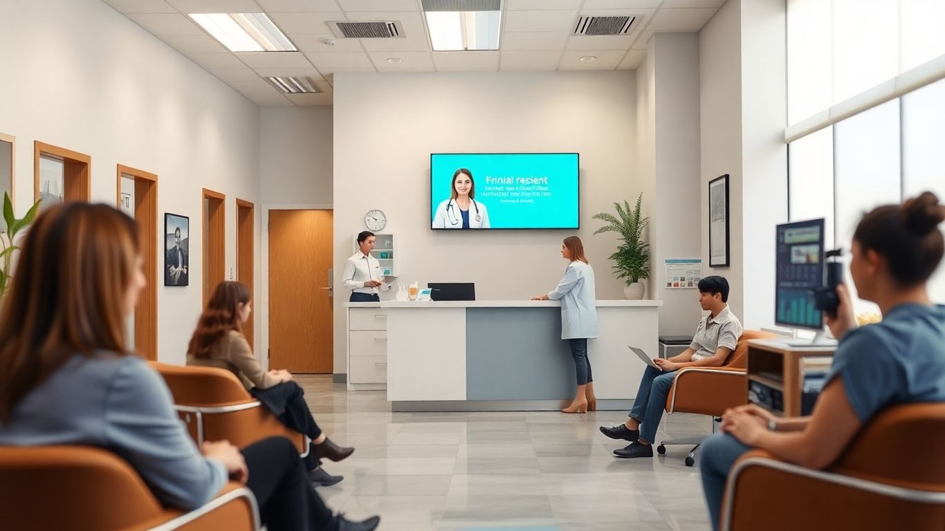Medical receptionist screen in bright, organized office setting.
