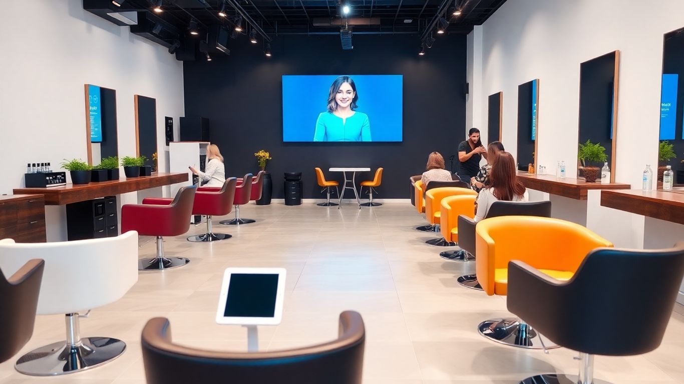 Salon with digital virtual receptionist and busy stylists.