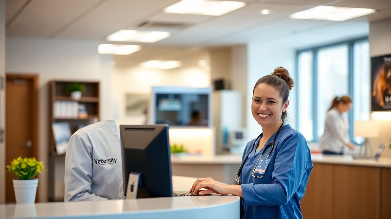 Veterinary receptionist working at a computer in a clinic.
