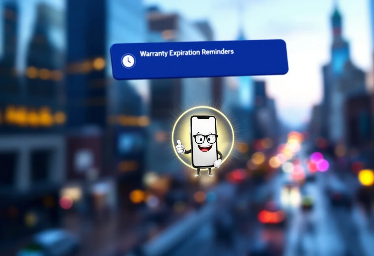 Illustration of a smartphone displaying warranty expiry reminders with positive customer interactions