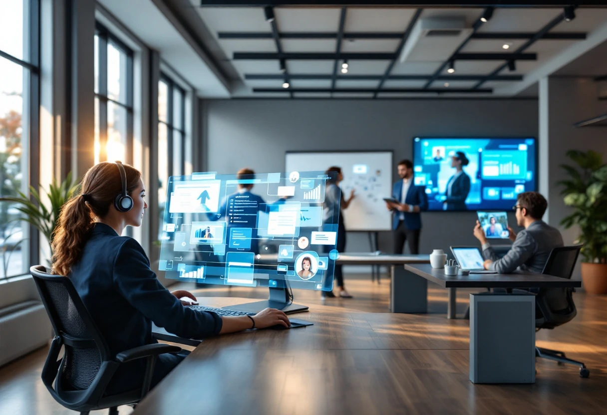 An image of an office setting where employees are using AI technologies for automated calls, showcasing a seamless integration of modern tools in a business environment.