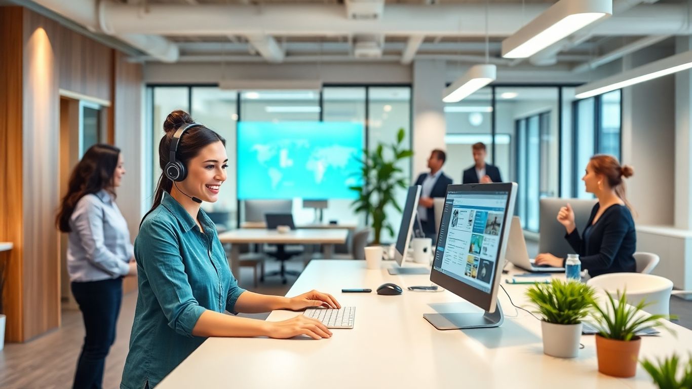 Receptionist with headset using CRM software in office