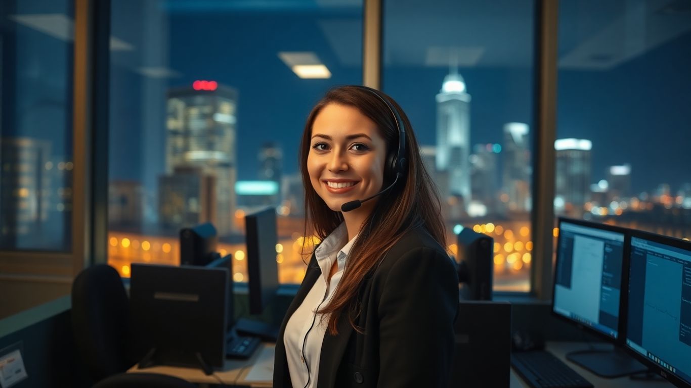 Woman receptionist with headset in nighttime city office.