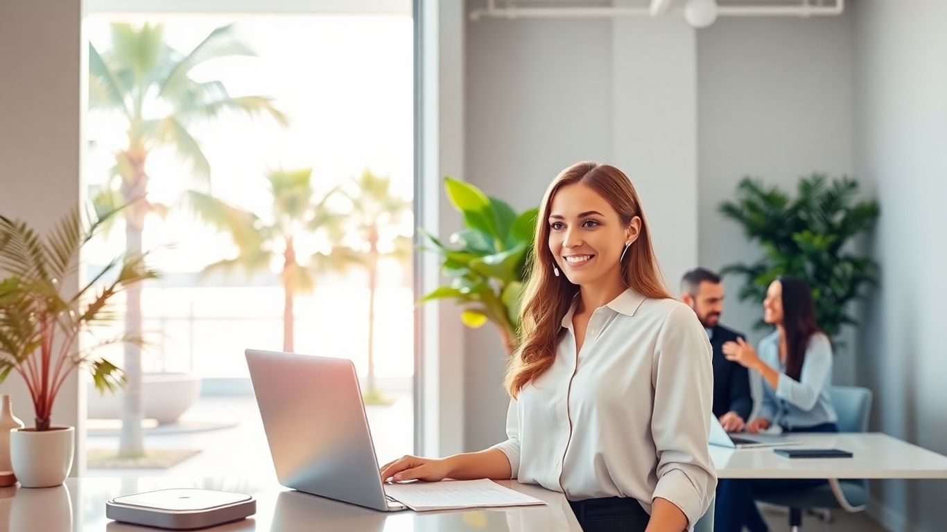 Receptionist in stylish office with palm trees outside window