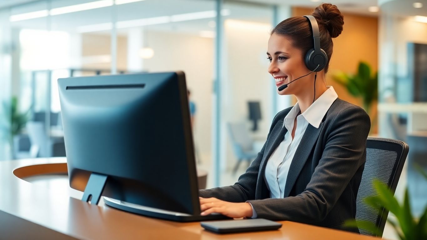 Modern receptionist at desk in bright office environment
