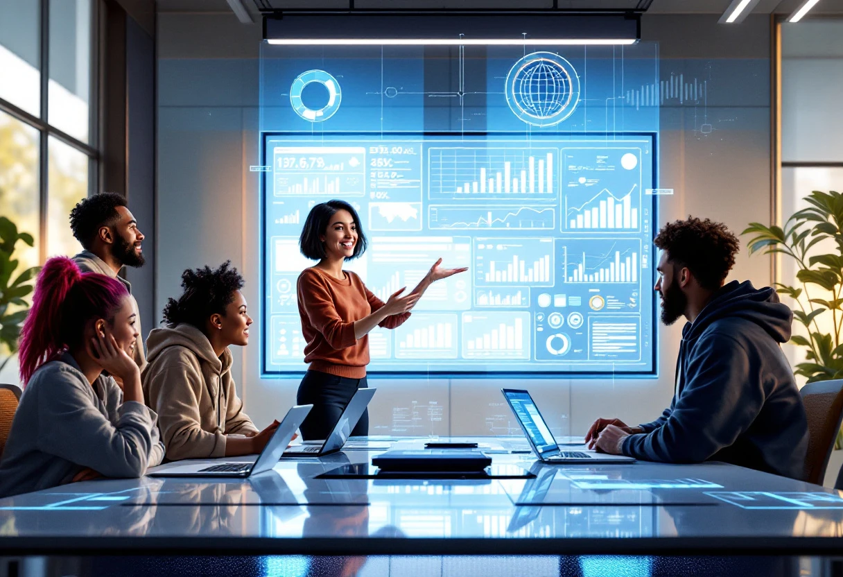 Illustration of a school admissions team using advanced technology to manage calls and data analytics in a collaborative environment.