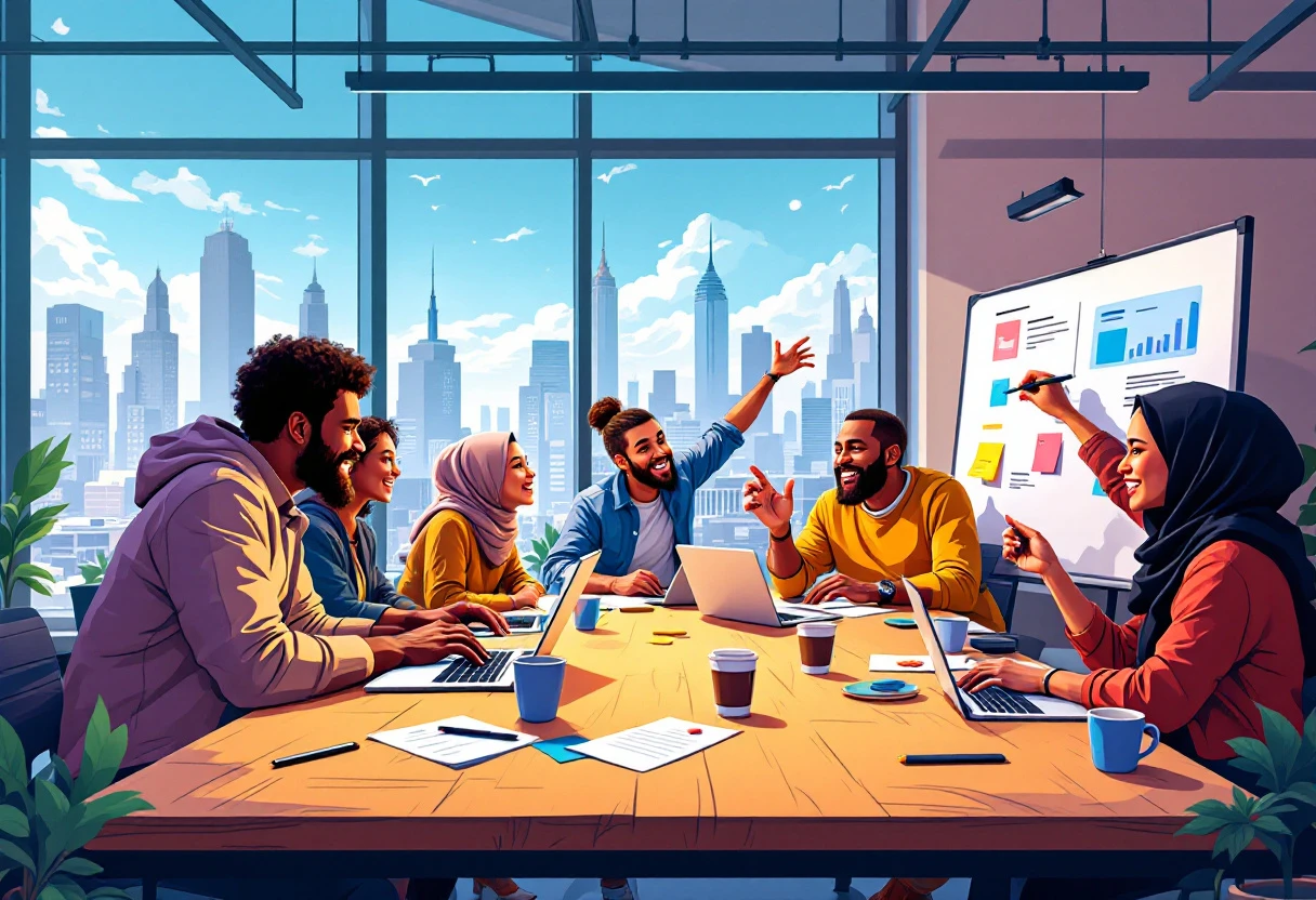 An engaging image depicting a diverse group of educators collaboratively working on laptops, surrounded by digital tools, representing innovation in the admissions process.