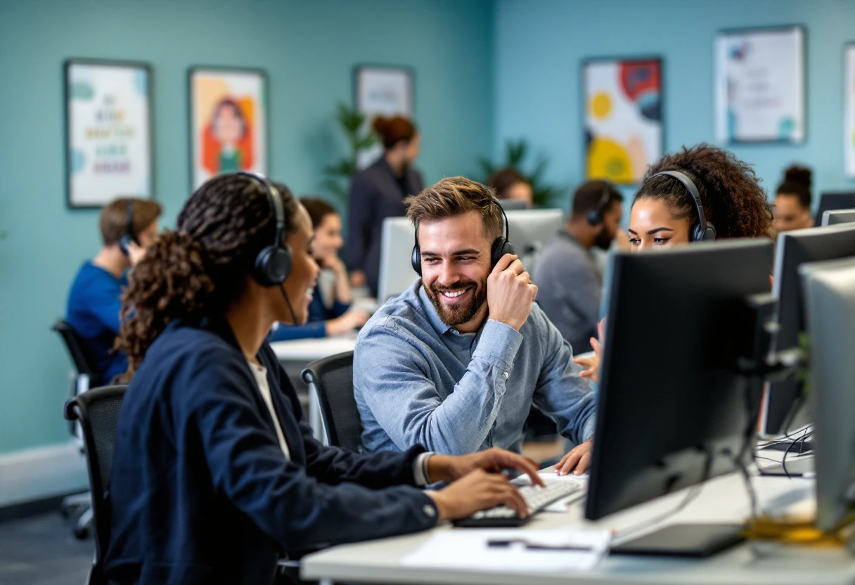 Illustration of a busy admissions office with staff using AI-driven telephony systems to handle multiple calls efficiently.