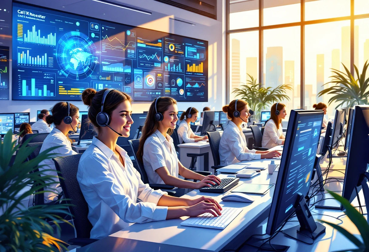 An illustration depicting a bustling call center with AI interfaces, showcasing happy receptionists managing live calls alongside data analytics on screens.