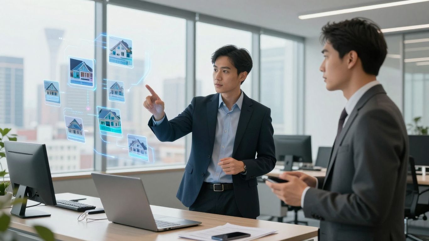 Real estate agent with AI hologram in office