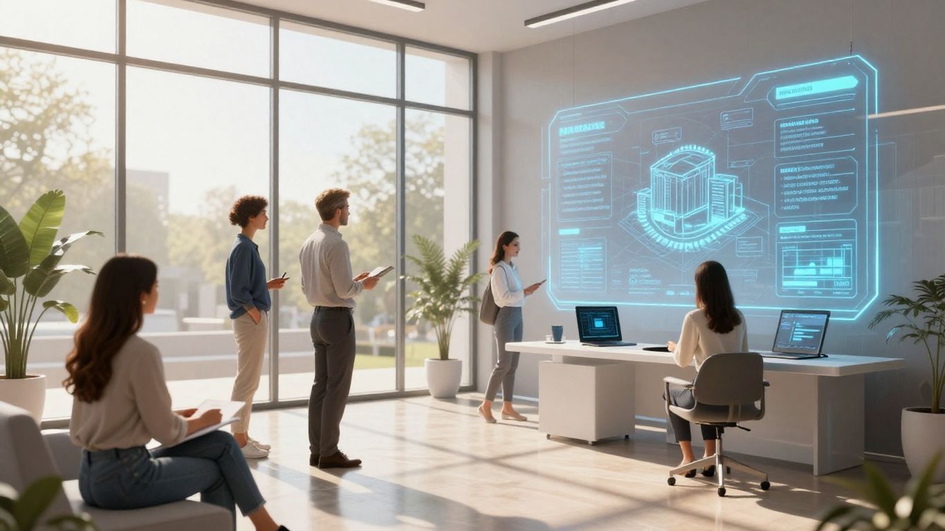 AI agent assisting clients in a futuristic real estate office.