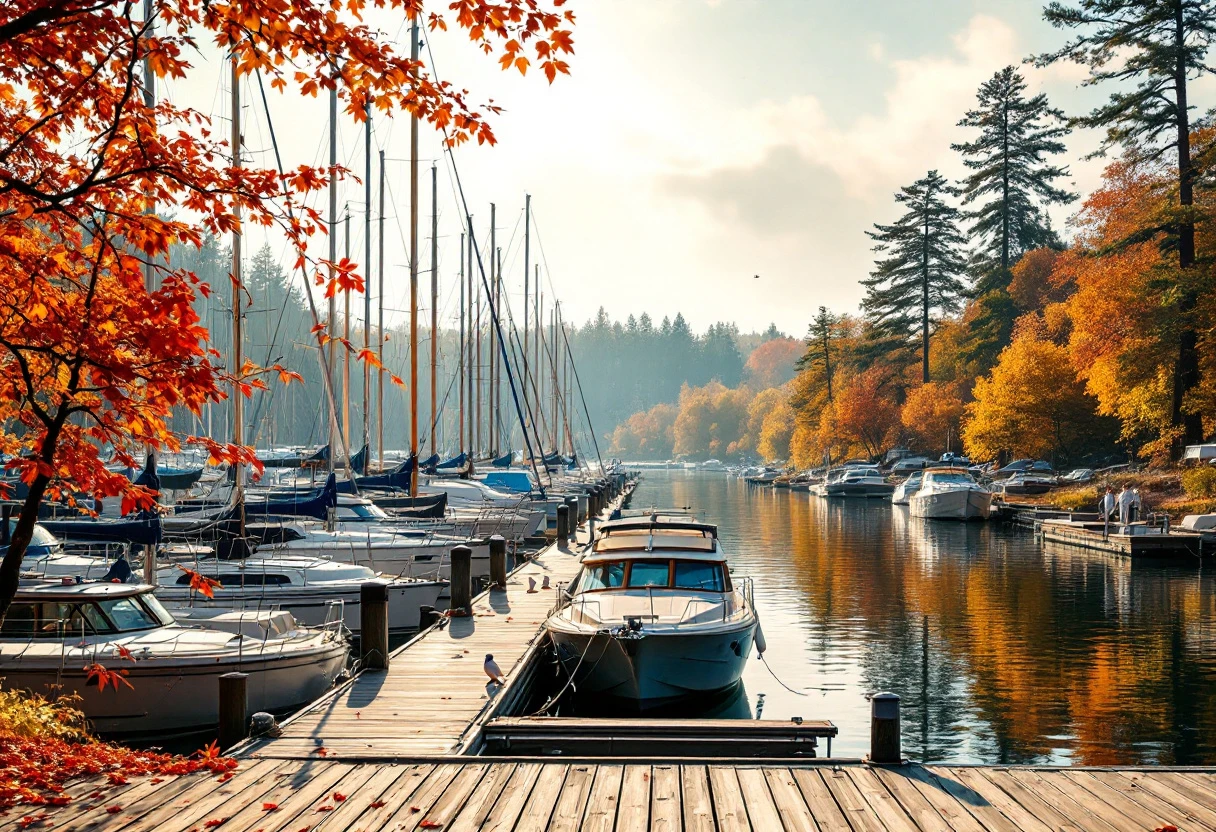 A serene marina scene during autumn, with boats ready for winterization in the foreground and vibrant fall foliage in the background.