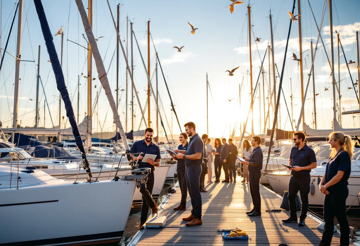 Illustration of a marina with automated scheduling tools in use, displaying happy customers interacting with staff while preparing their boats for winter.