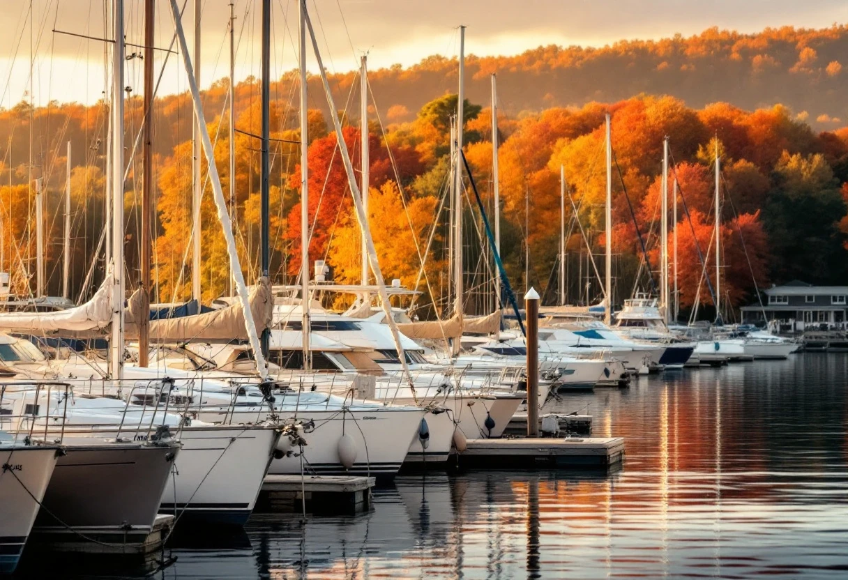 A scenic marina during autumn, showing boats being prepared for winter with vibrant fall leaves in the background.