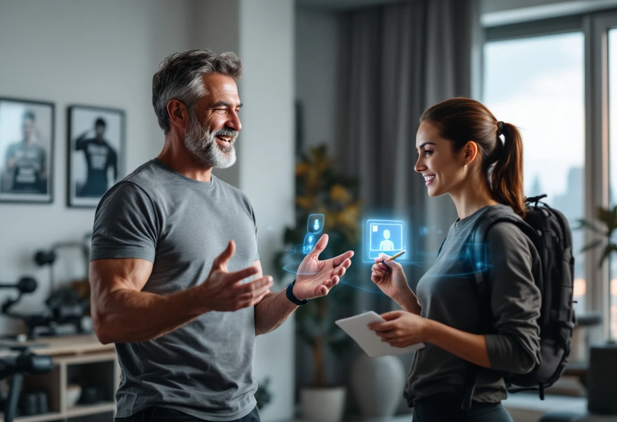 Image of a friendly personal trainer engaging with a client over a phone call, visually representing the concept of AI-enhanced communication.