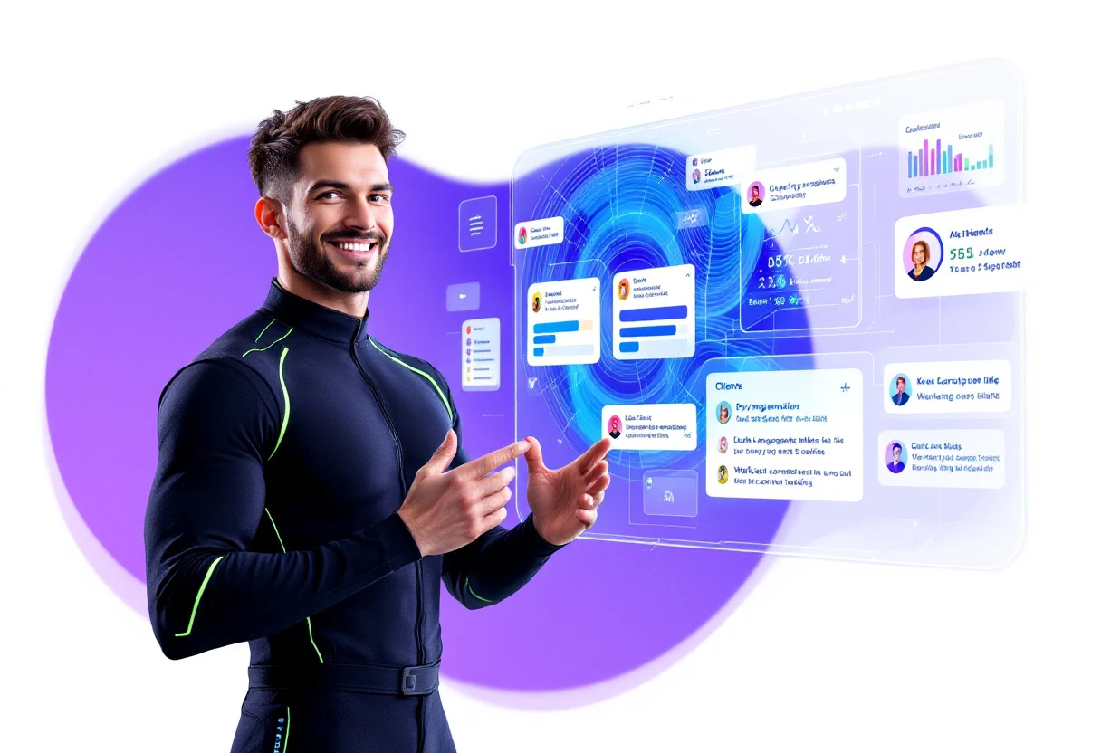 Visual representation of a personal trainer using AI tools to communicate with clients. The image should show a digital interface displaying scheduling information and client engagement analytics.