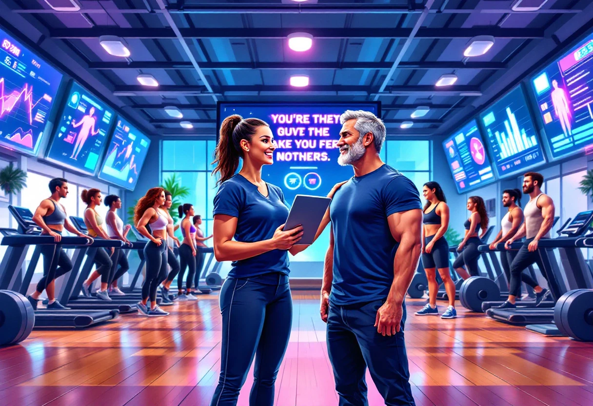 A dynamic image depicting a personal trainer engaging positively with clients in a gym environment, with visual elements emphasizing the use of technology in communication.