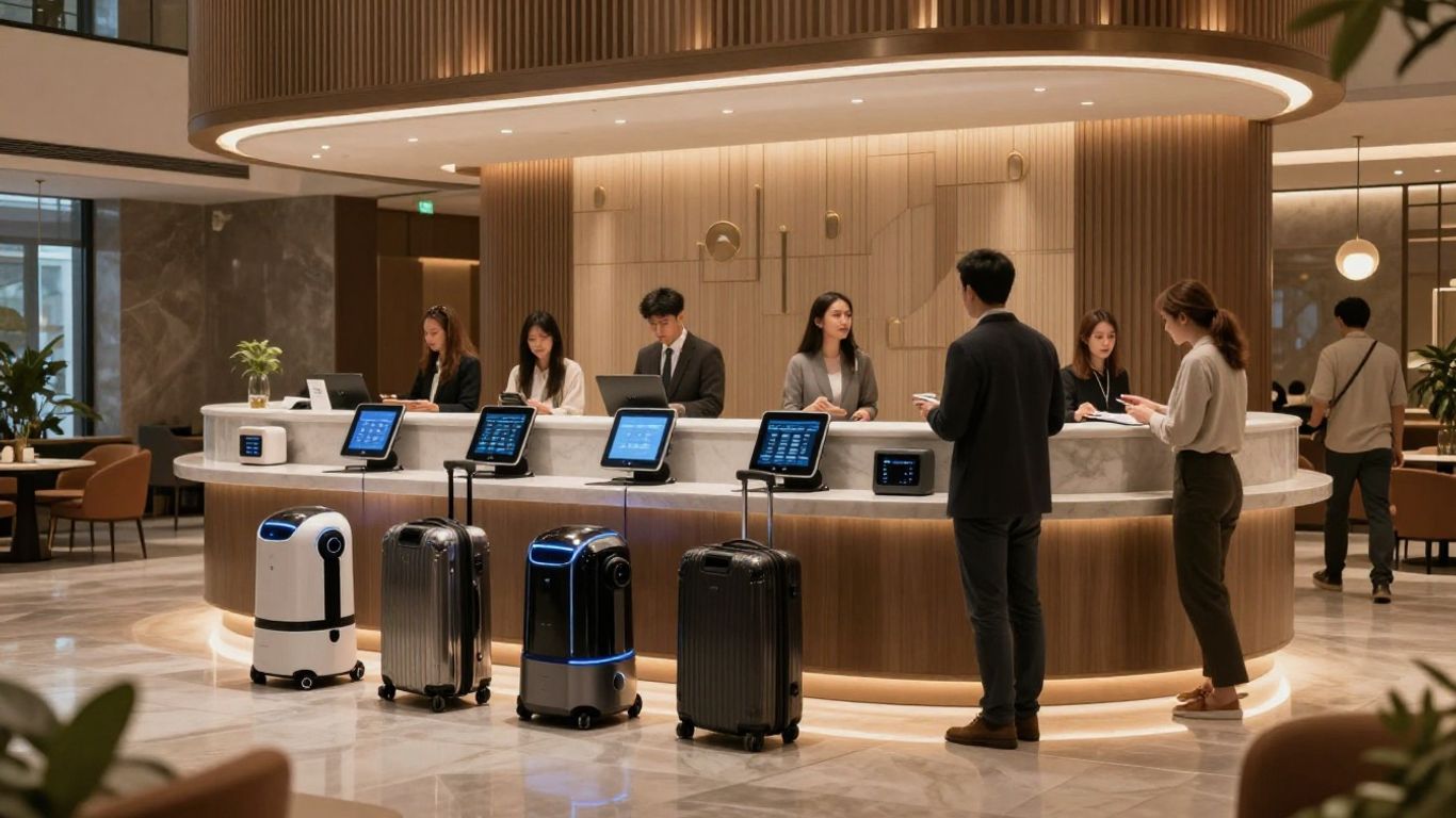 AI robots assist guests at a modern hotel desk