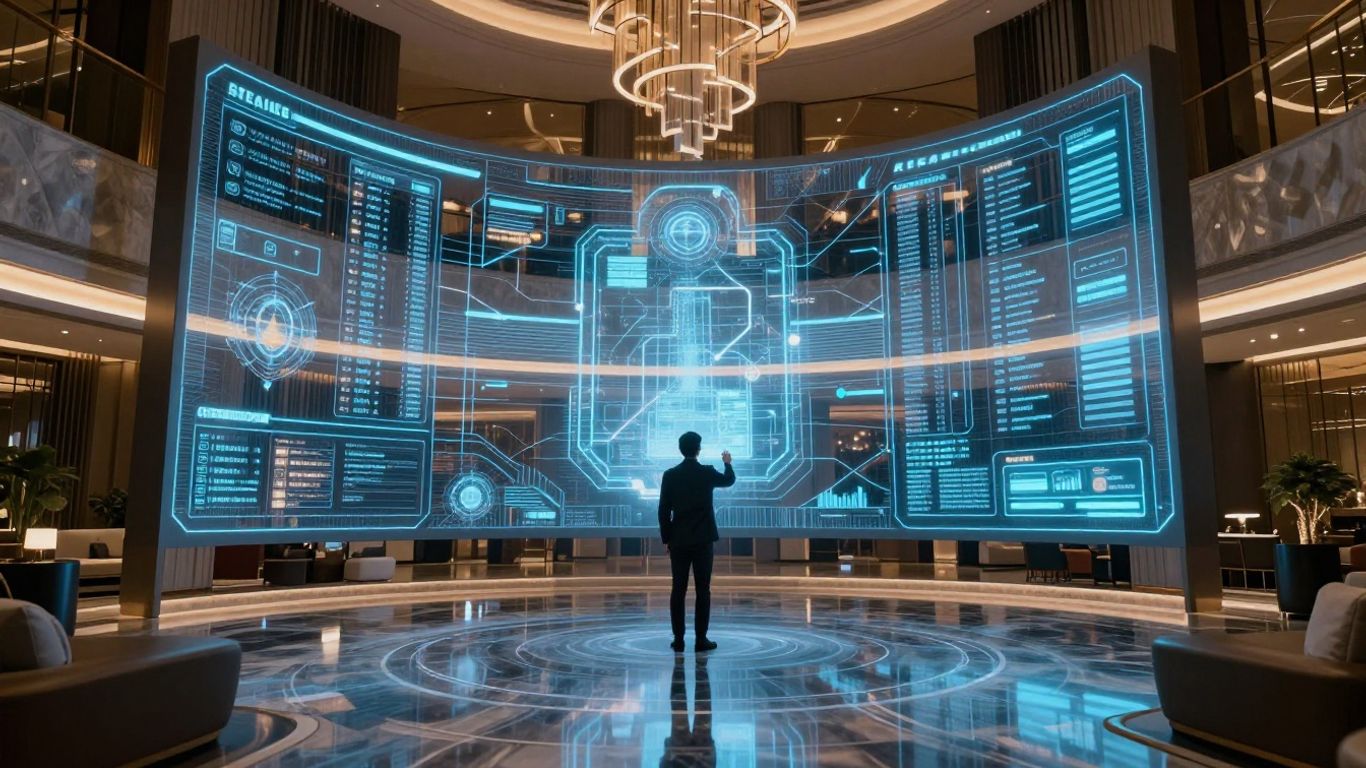 AI hotel booking interface with futuristic travel planning.