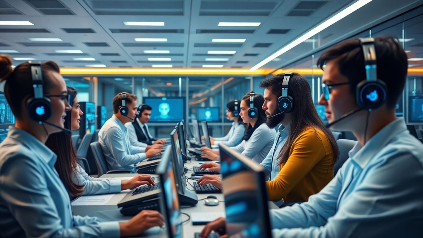 Futuristic call center with AI and human agents working