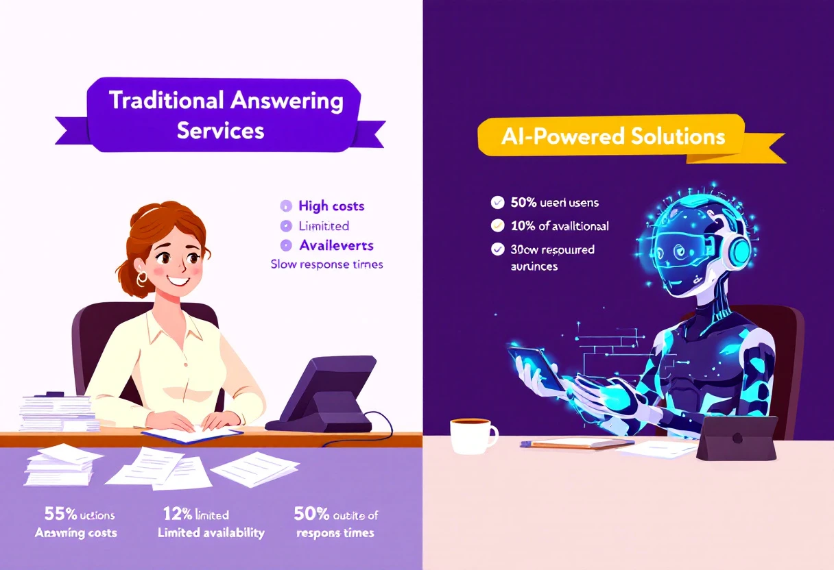 A vibrant graphic depicting a split-screen comparison of traditional answering services versus AI-powered solutions, with stats highlighting the benefits of AI.