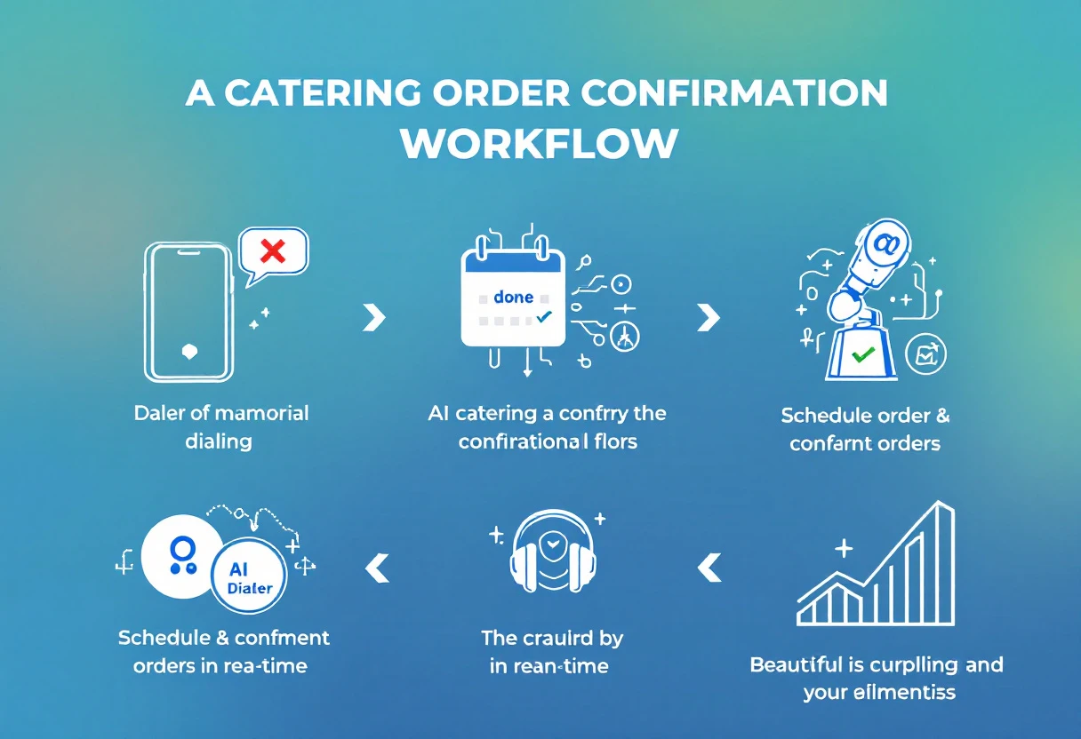 A visually engaging infographic showing the step-by-step process of how AI dialers improve the catering order confirmation workflow.