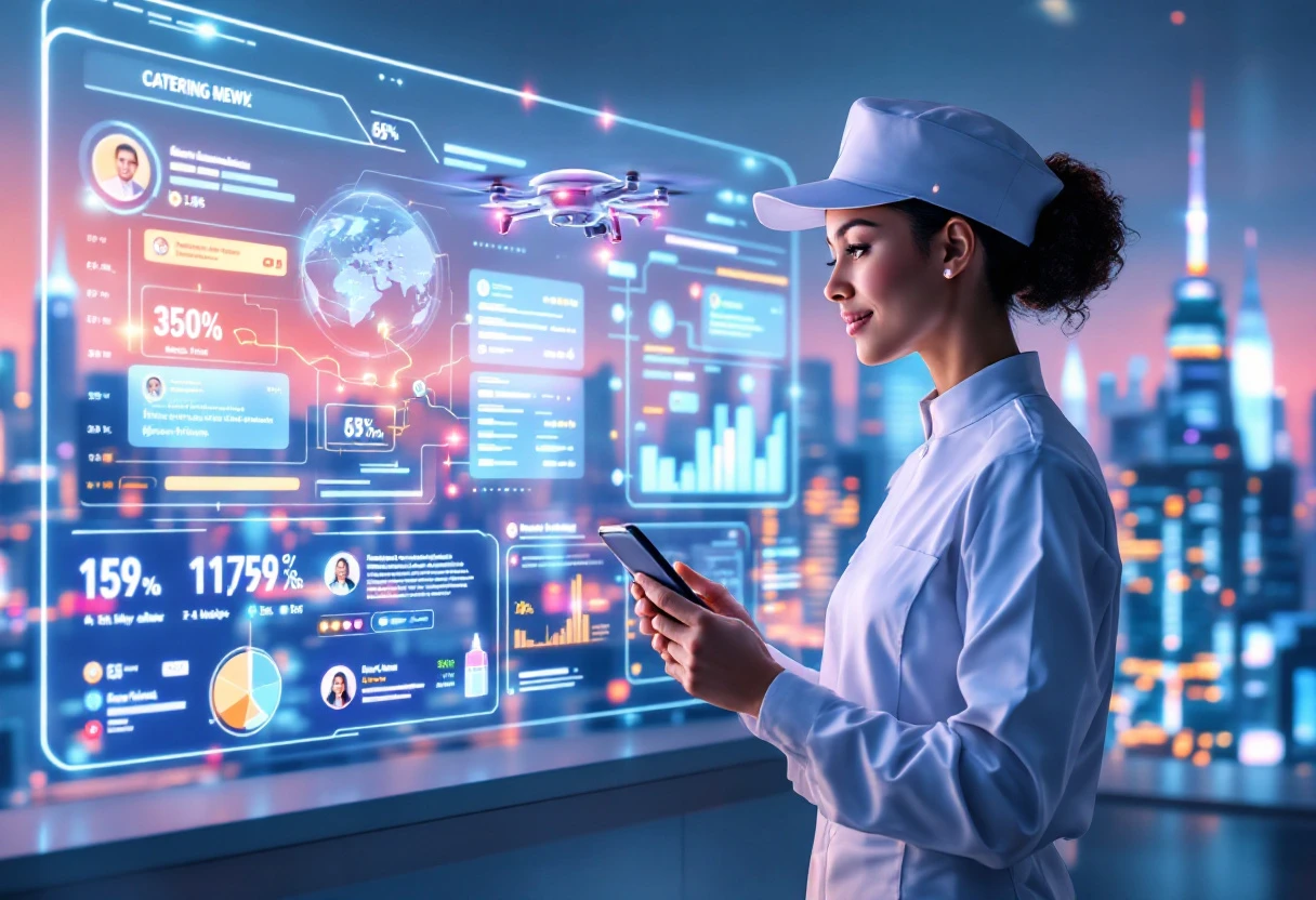 A creative image showing a catering service employee interacting with a digital dashboard, indicating real-time updates and notifications being sent to customers.