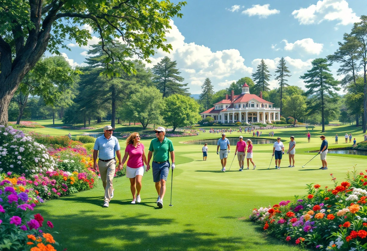 A lively golf course with golfers happily playing, illustrating community and engagement.
