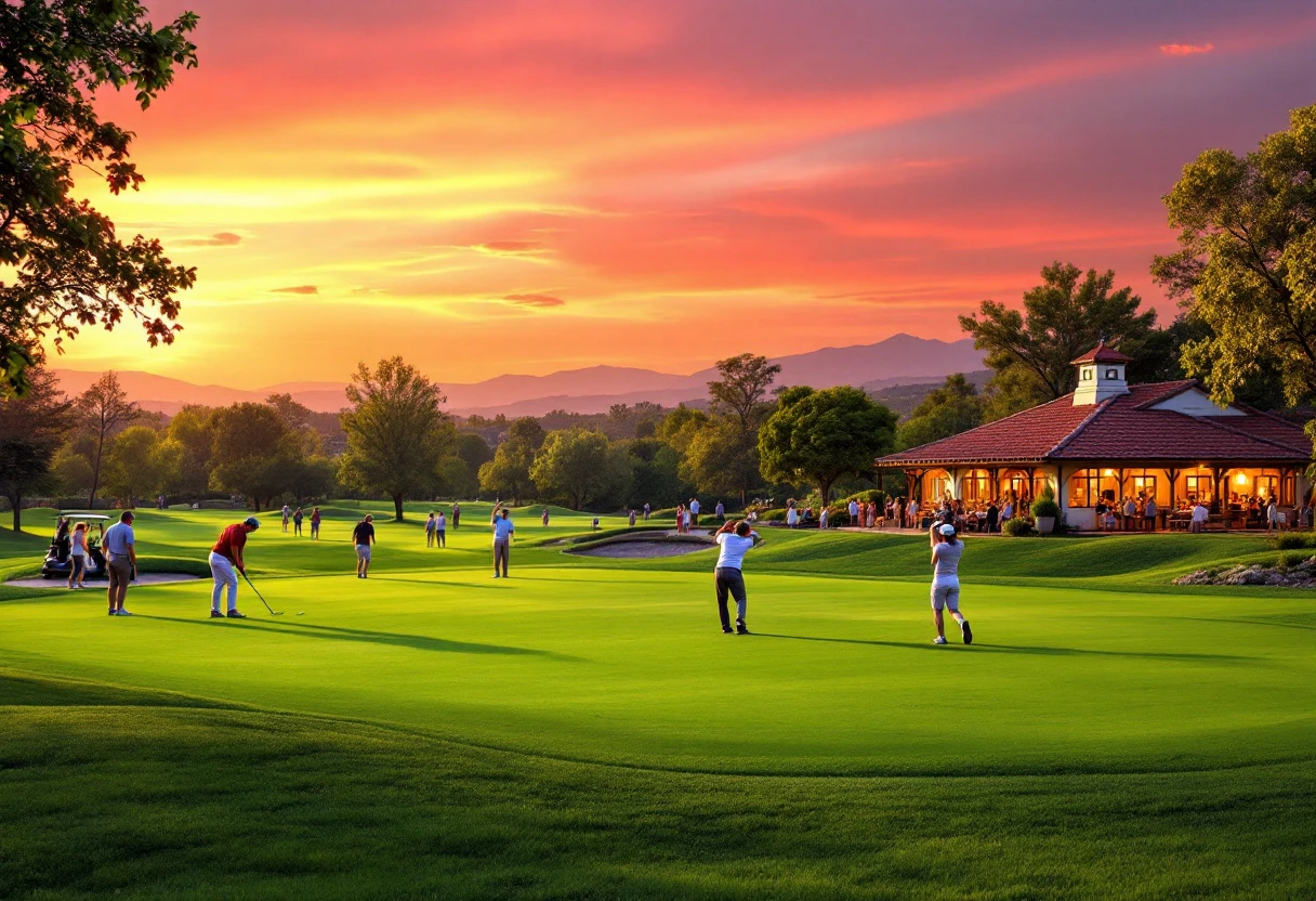 A picturesque golf course during sunset, showcasing golfers enjoying their rounds, with a clear view of clubhouse activity highlighting community engagement.