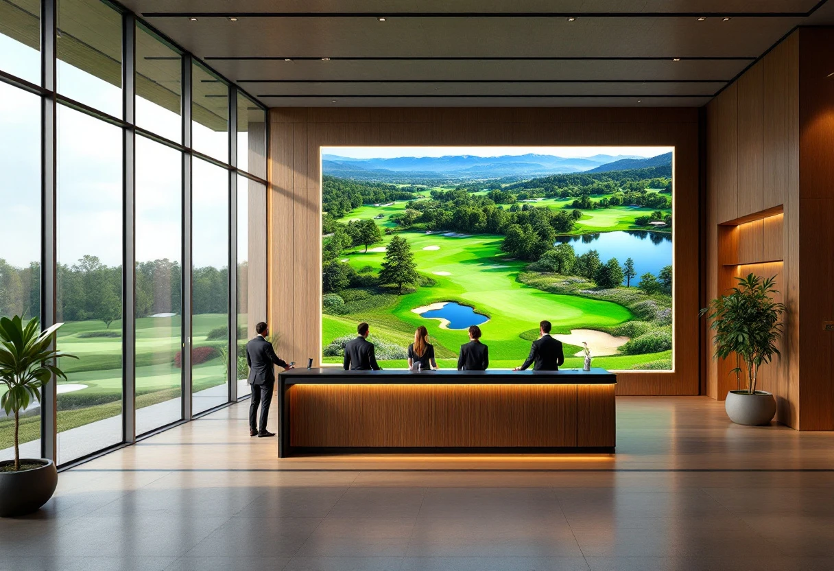 Dynamic image of a golf course reception area with staff interacting with an AI-powered system, showcasing technology integration and a vibrant golf atmosphere.