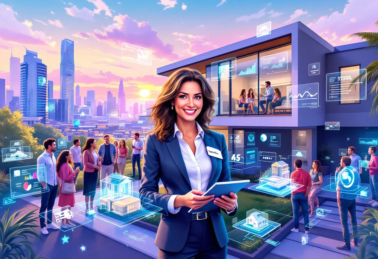 A dynamic image showcasing a real estate agent engaging with clients, with digital overlays representing AI interactions and lead conversions.