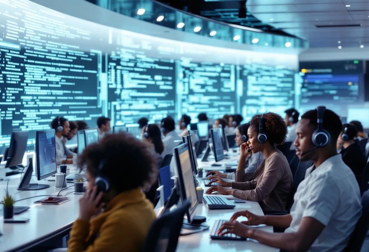 A dynamic call handling system showcasing busy agents seamlessly answering multiple calls with an AI interface in the background.