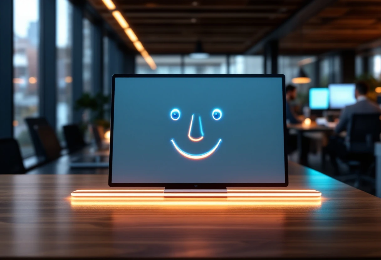 A vibrant, modern office setting where a virtual receptionist interface is showcased on a desk, blending technology seamlessly with human interaction.