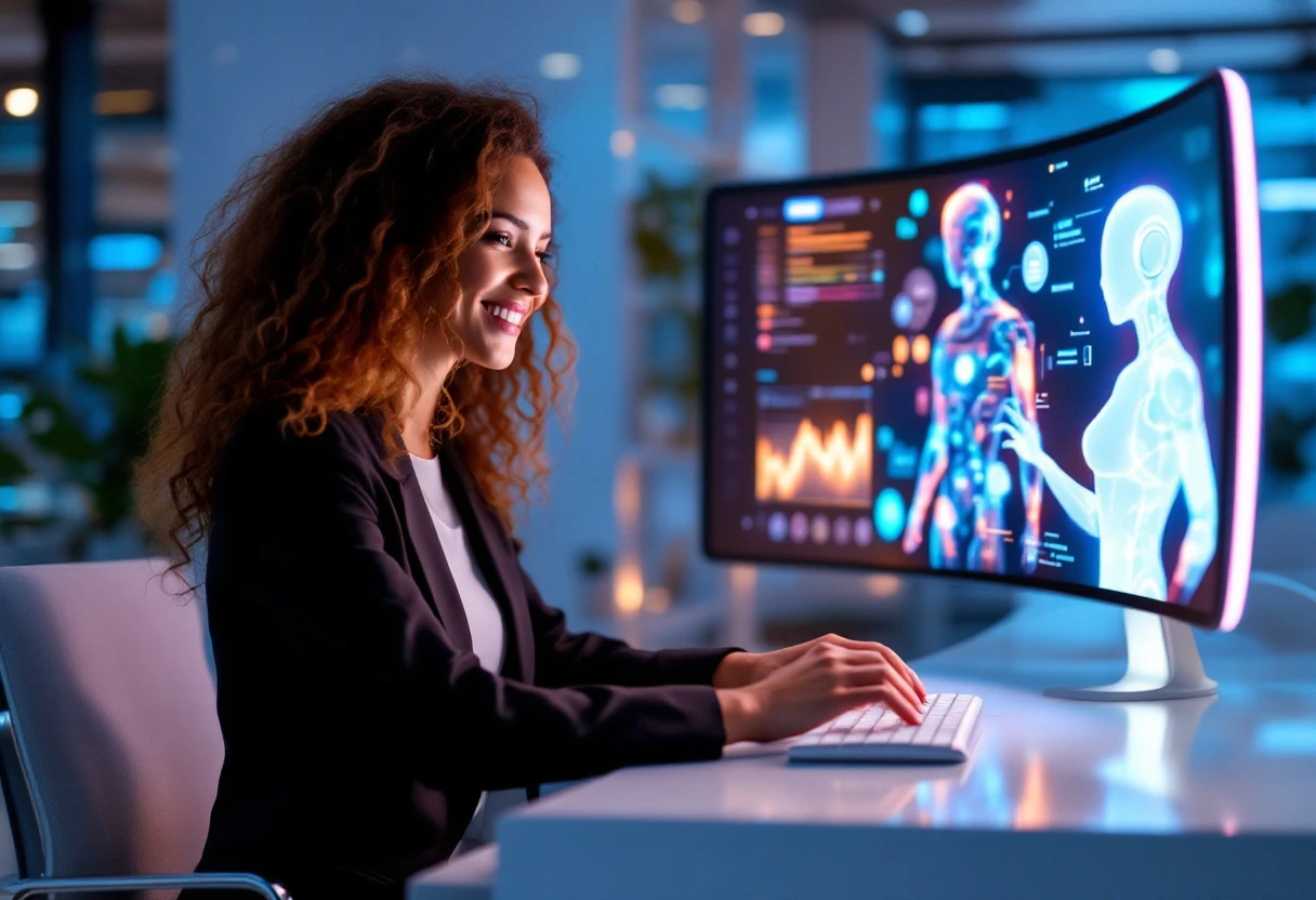 An image depicting a business environment with both an AI receptionist interface and a human receptionist working together harmoniously.