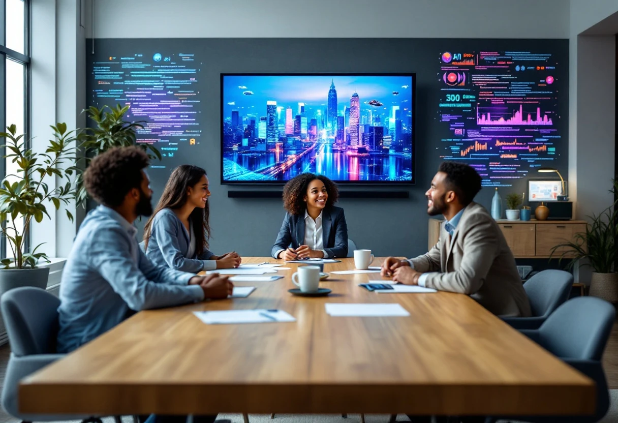 An inviting office environment where a business team collaborates openly, symbolizing innovation through AI solutions.