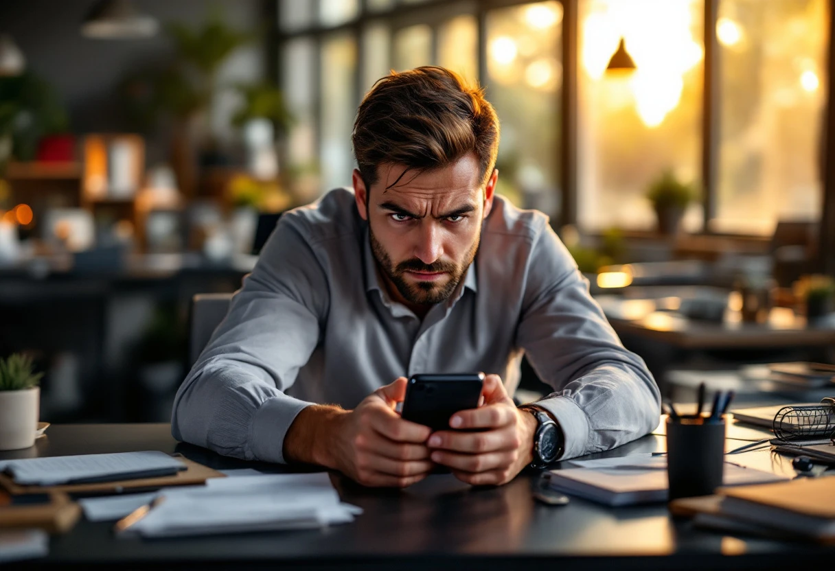 A busy business office displaying a missed call notification on a phone, with a frustrated employee looking at the device.