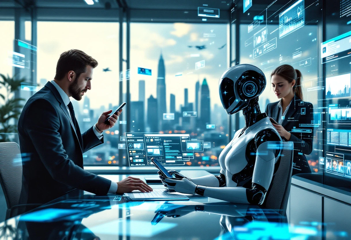 A dynamic image showing a busy office with an AI receptionist interacting with multiple customers simultaneously via phone calls and SMS.