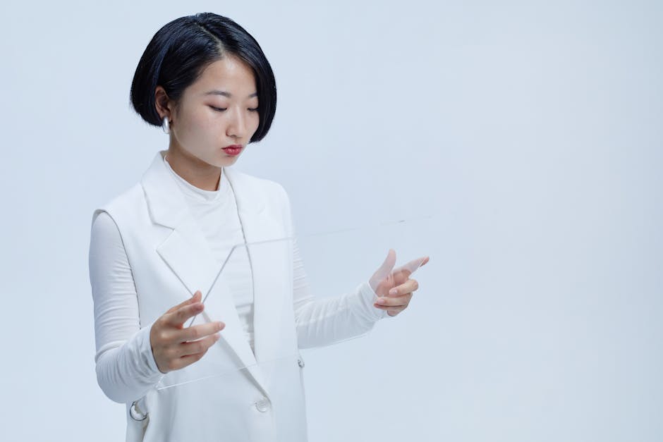 A creative visual of a futuristic office space with a digital AI receptionist interacting with customers.