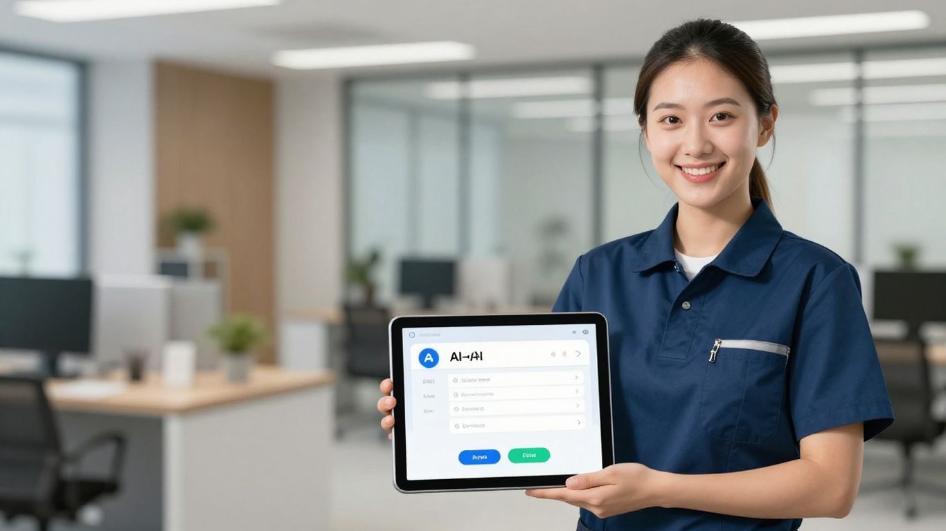 AI receptionist tablet in a cleaning company setting.