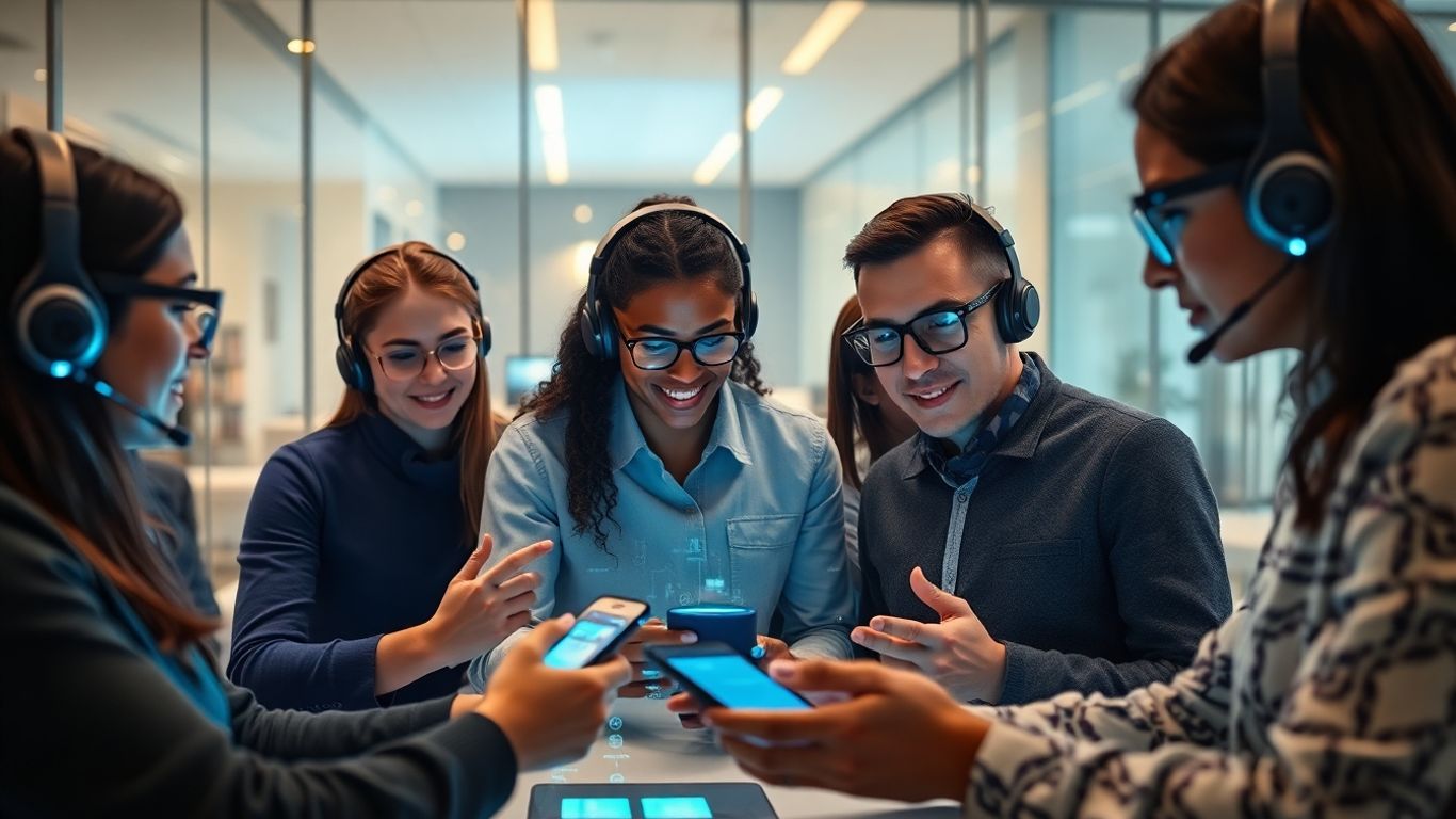 Team using AI voice assistants in a futuristic office