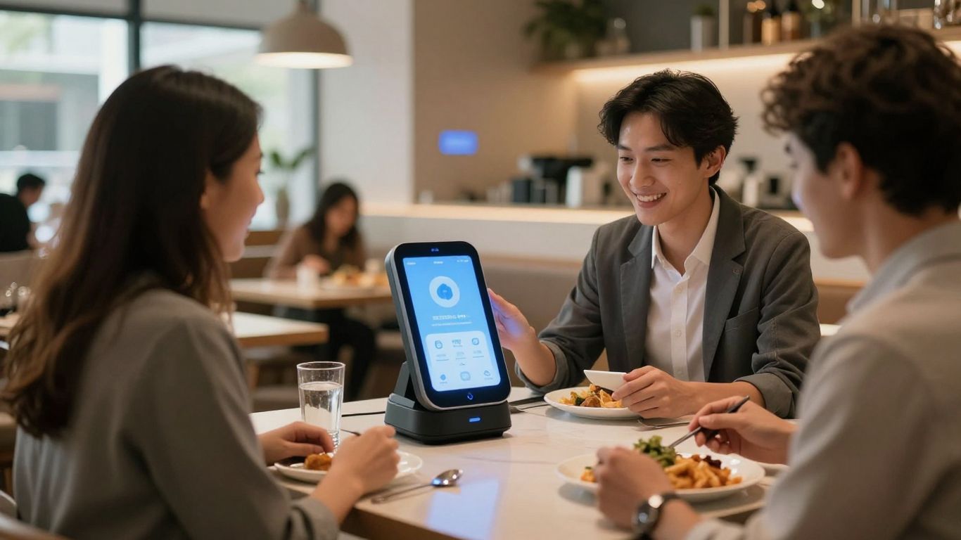Restaurant staff using AI voice assistant with customers