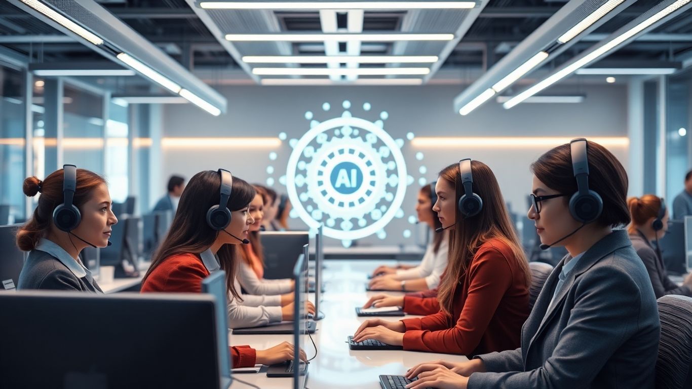 AI-powered voice agents in futuristic customer service center