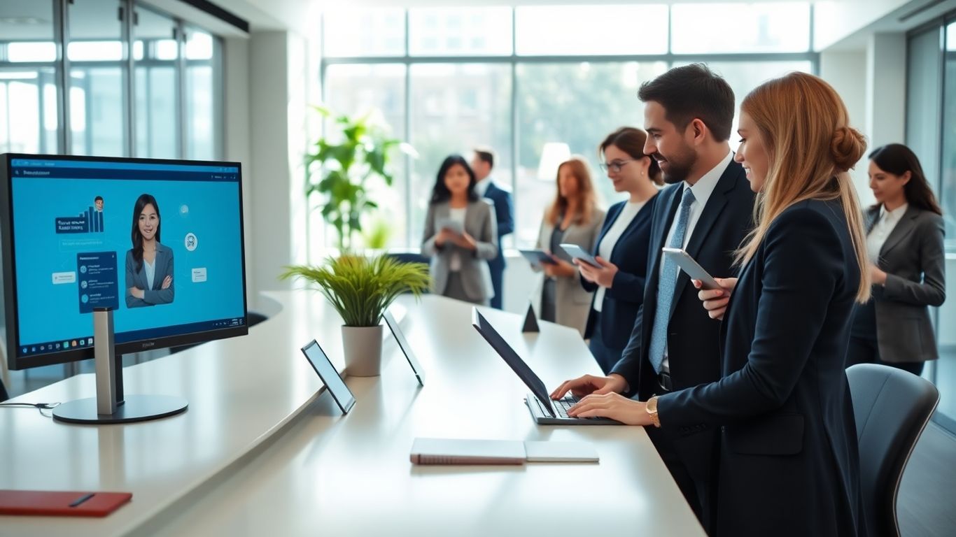 Office receptionist desk with virtual assistant on computer screen.